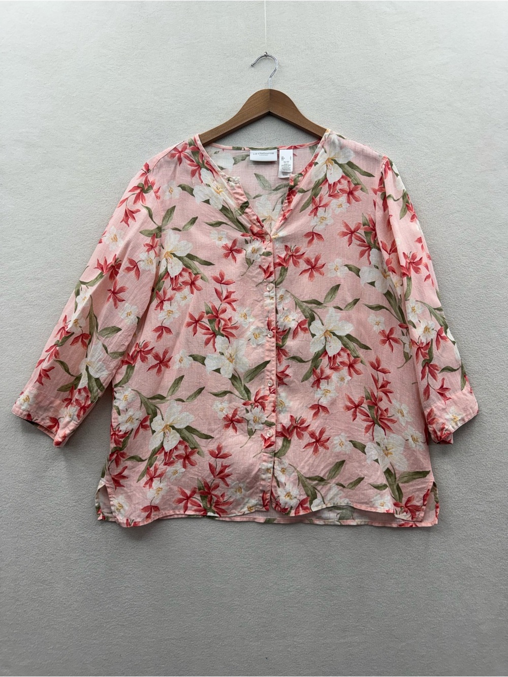 Liz Claiborne LizSport Women’s Large 100% Linen Floral Button Front Blouse Pink